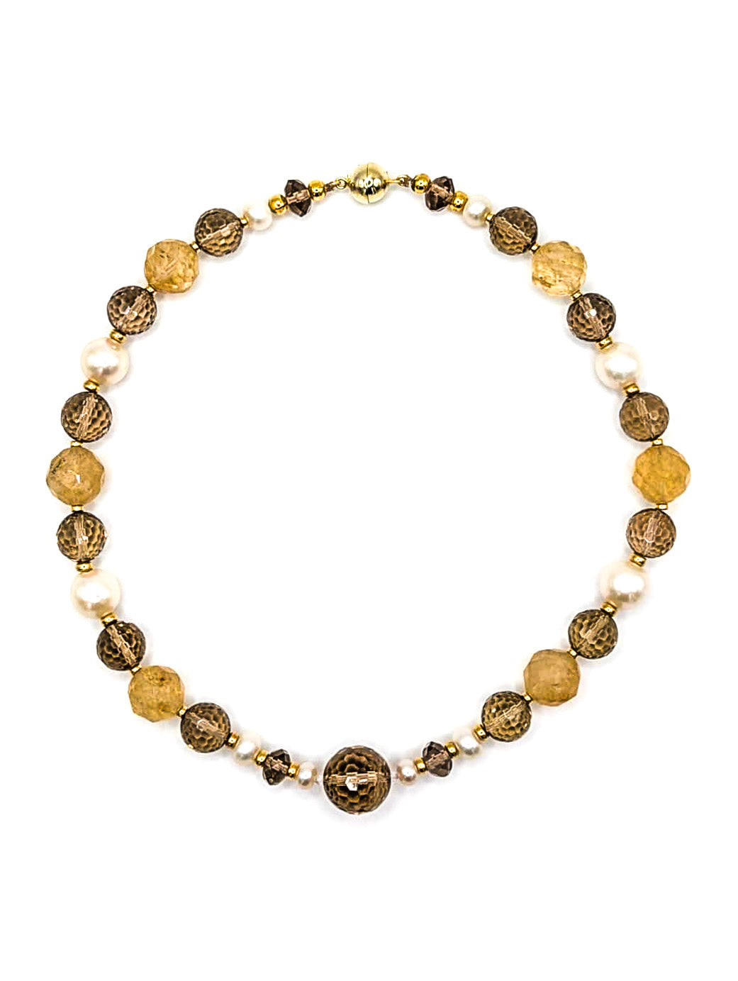 HAUTE : Smoky Quartz, Rutilated Quartz, Pearl, CZ & Solid Gold Necklace /H24