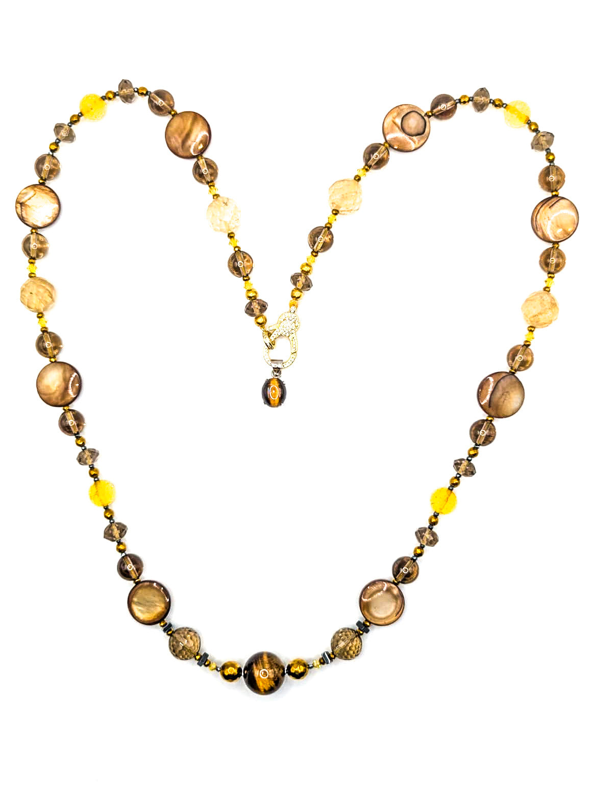 HAUTE : Smokey Quartz, Rutilated Quartz, Tigers Eye, Citrine, Hematite, Mother of Pearl Swarovski Crystal, CZ Necklace /H13
