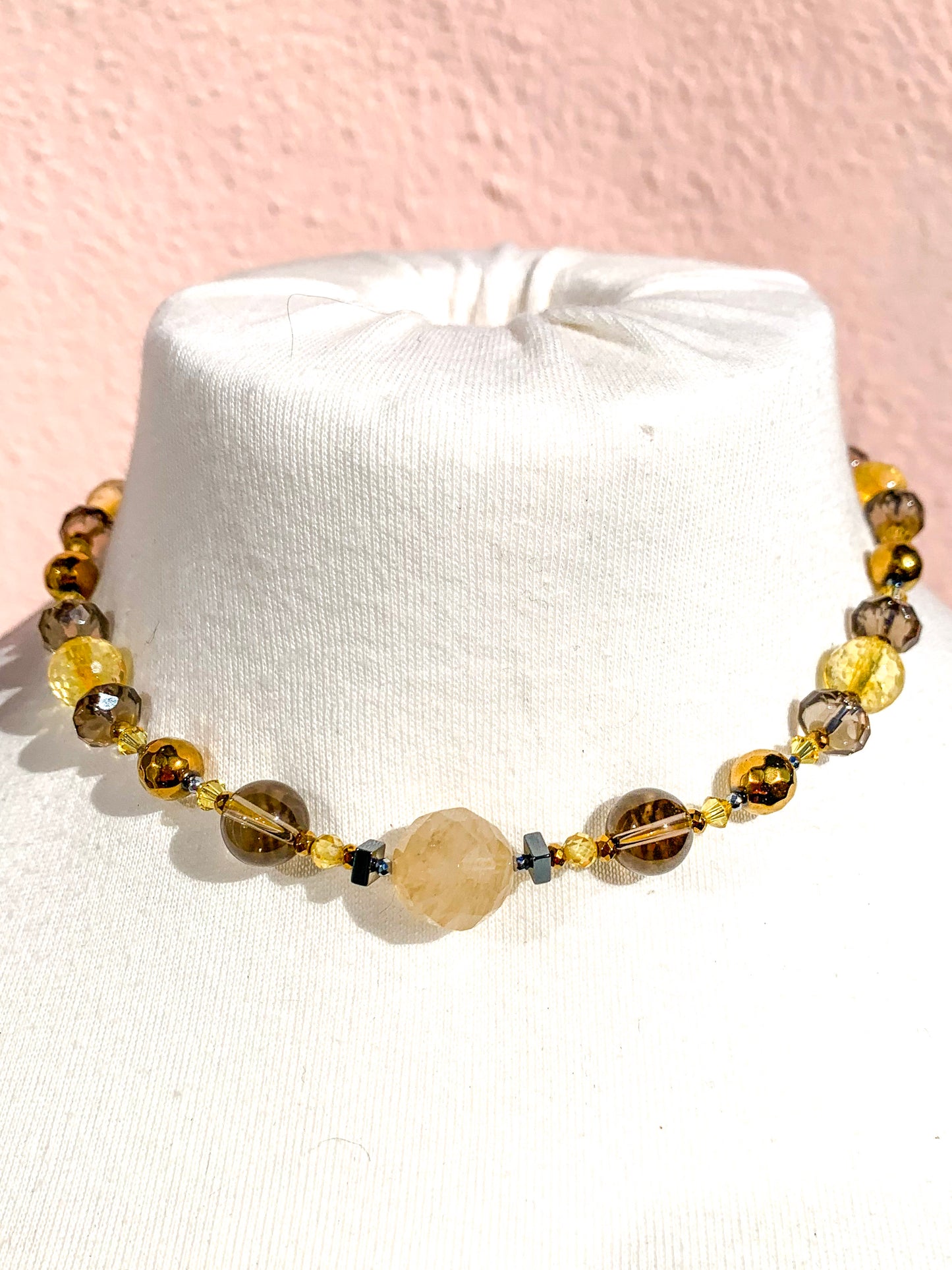 HAUTE : Citrine, Smoky Quartz, Rutilated Quartz, Hematite, Swarovski Crystal w/ 925 Vermeil Magnet Necklace /H16