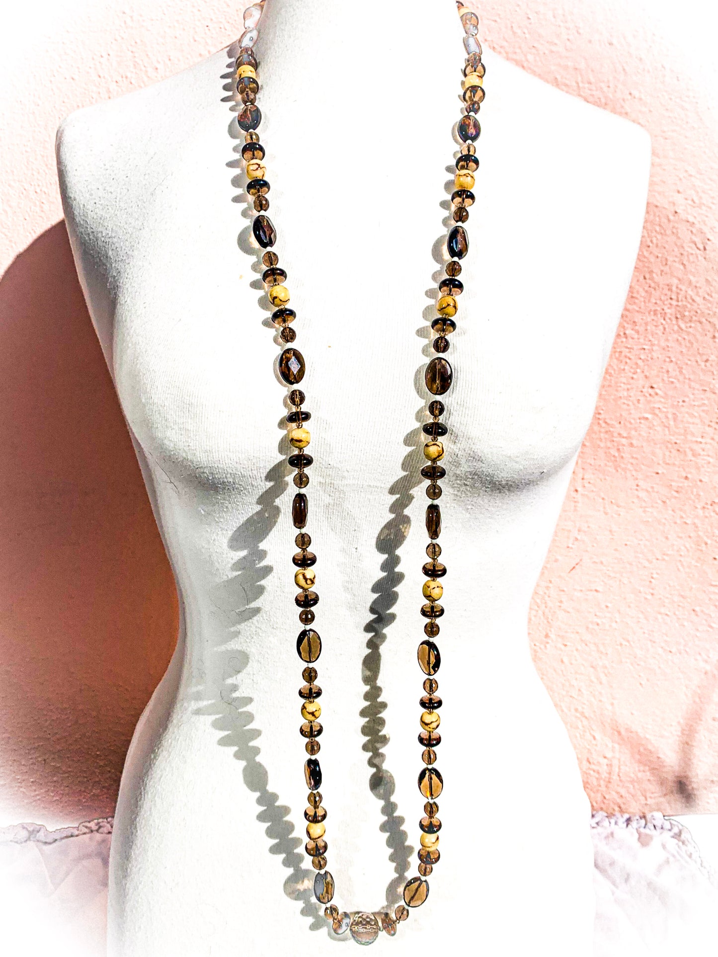 HAUTE : Smokey Quartz, Tiger Limestone, CZ Necklace /H23