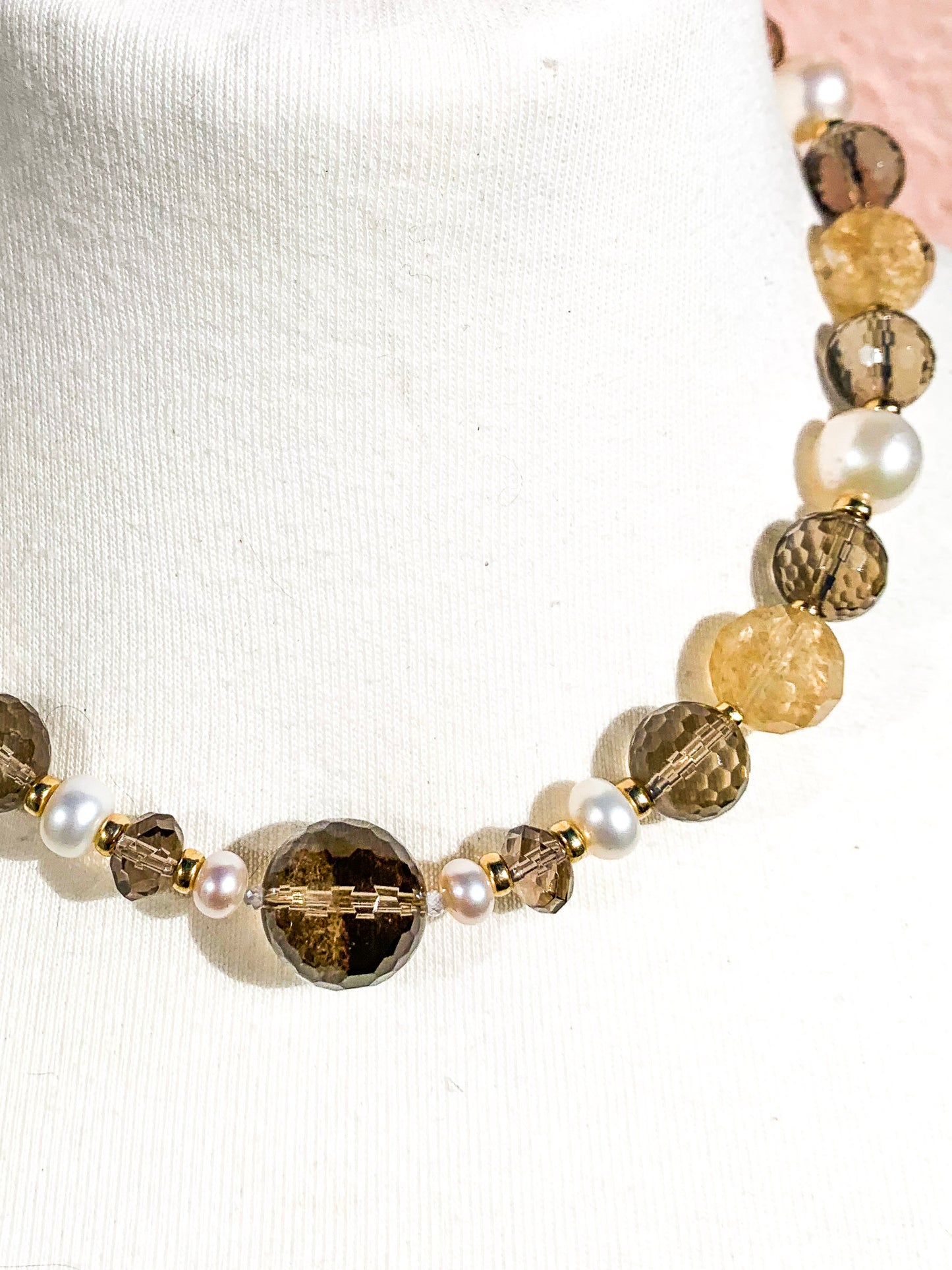 HAUTE : Smokey Quartz, Rutilated Quartz, Pearl, CZ & Solid Gold Necklace /H24