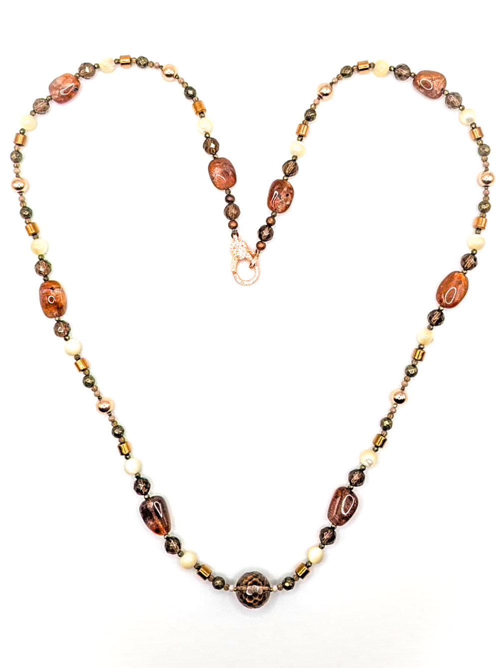 HAUTE - Smokey Quartz, Sunstone, Pyrite, Hematite, CZ, Mother of Pearl Necklace /H19