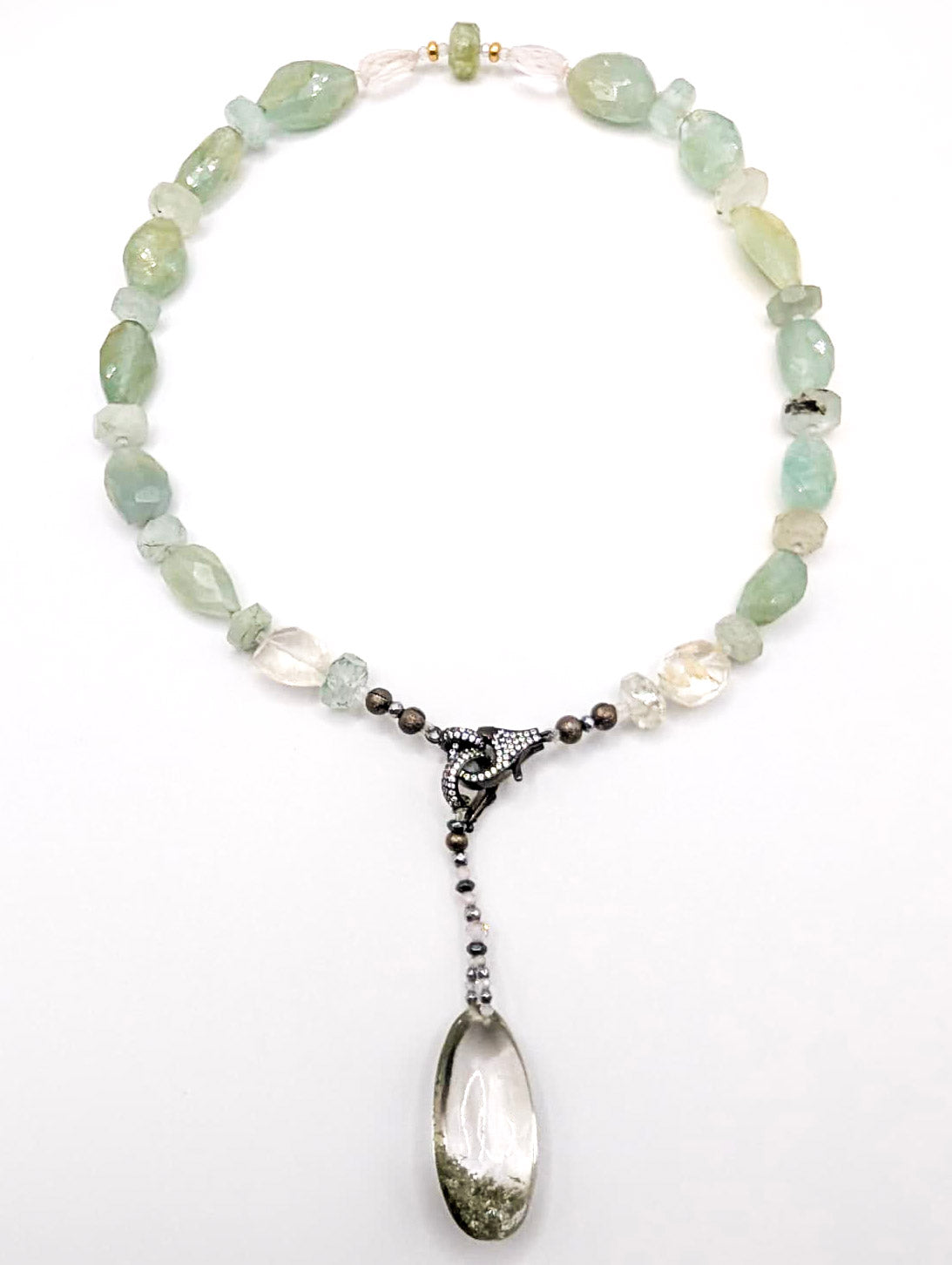 HAUTE : Aquamarine, Rock Crystal, Solid Gold, Silver & Oxidised Silver Hematite & Cubic Zirconia Pendant (Detachable) Necklace / H43