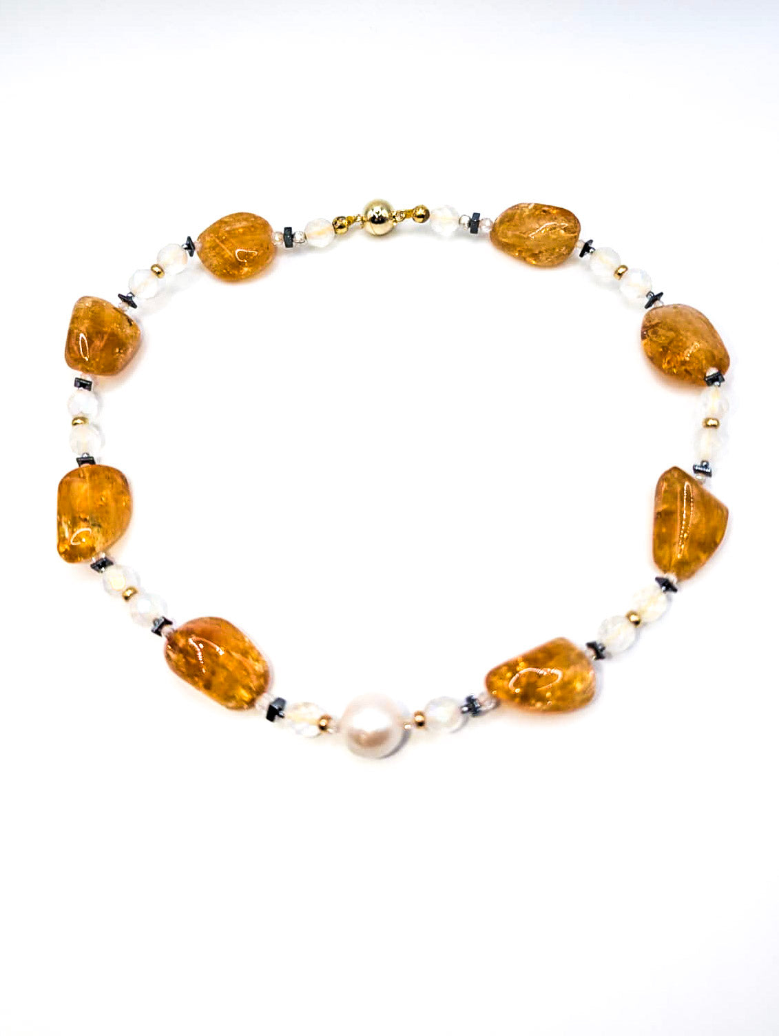 Haute : Art Deco - Citrine, Pearl, Solid Gold, CZ, Hematite, Frosted Crystal Necklace - Short /H4AD