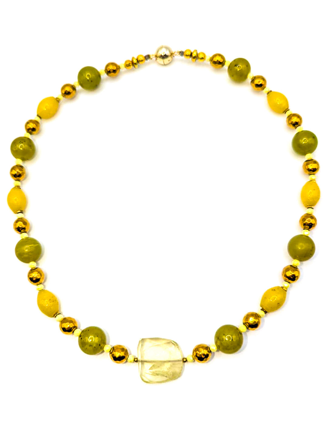 HAUTE : Pale Citrine, Golden Hematite, Cubic Zirconia, Green & Yellow Jade Necklace /H9