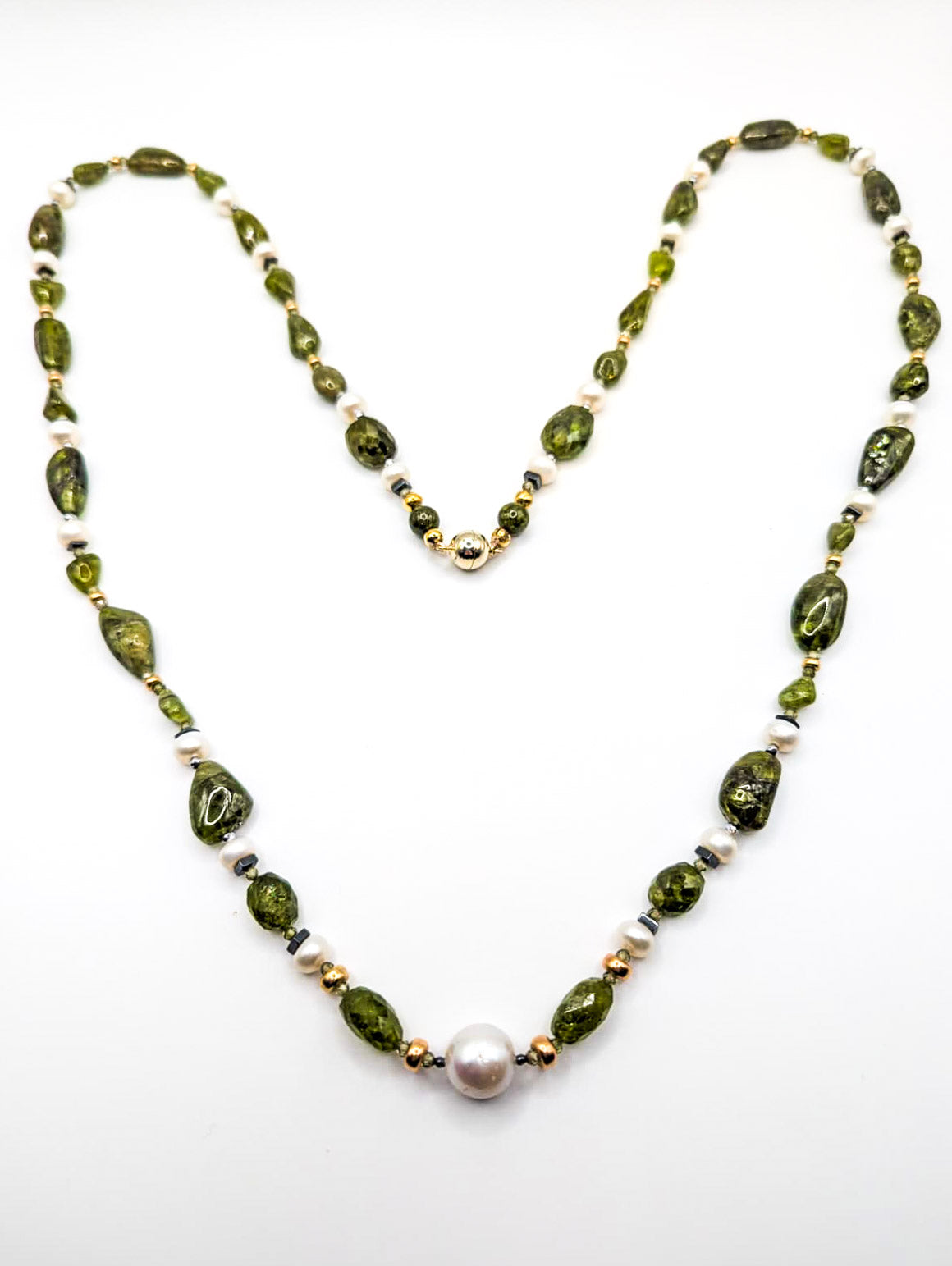 HAUTE : Art Deco - Peridot, Solid Gold, Pearl, CZ, Hematite, Unikite Necklace - Long / H46AD
