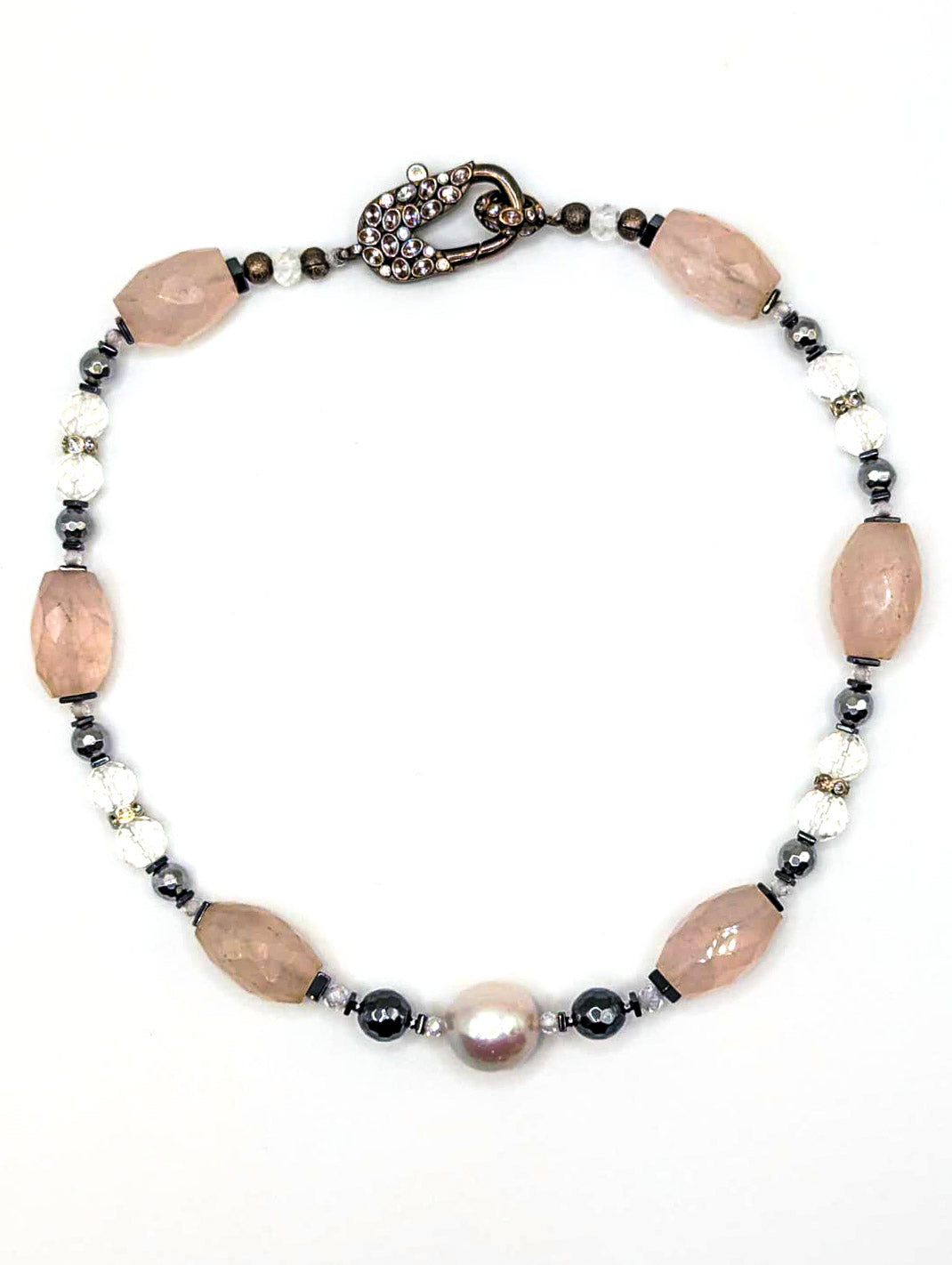 HAUTE : Art Deco - Rose Quartz, Rock Crystal, CZ, Hematite, Swarovski Crystal Necklace w/ Limited Edition CZ Clasp /H50AD*
