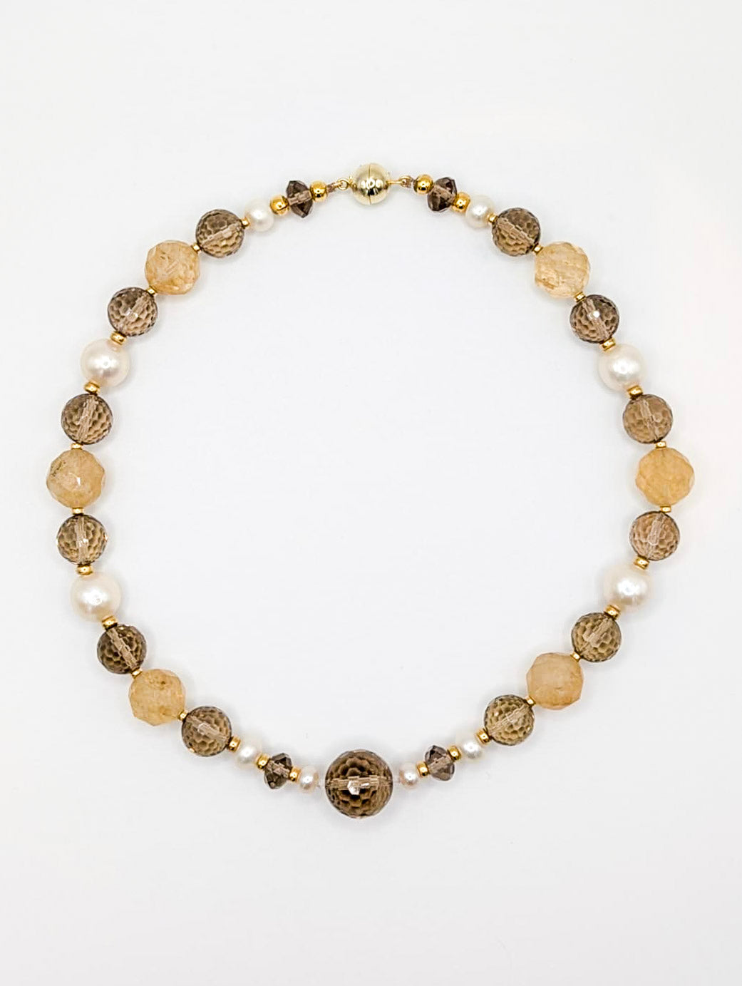 HAUTE : Smokey Quartz, Rutilated Quartz, Pearl, CZ & Solid Gold Necklace /H24