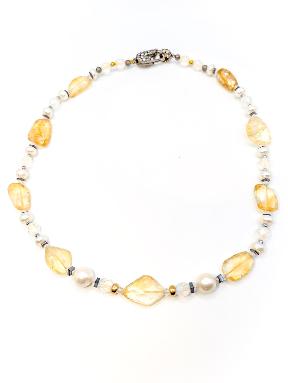 HAUTE : Art Deco - Pale Citrine, Pearl, Solid Gold, Frosted Crystal, CZ, Hematite Necklace - Short /H6AD
