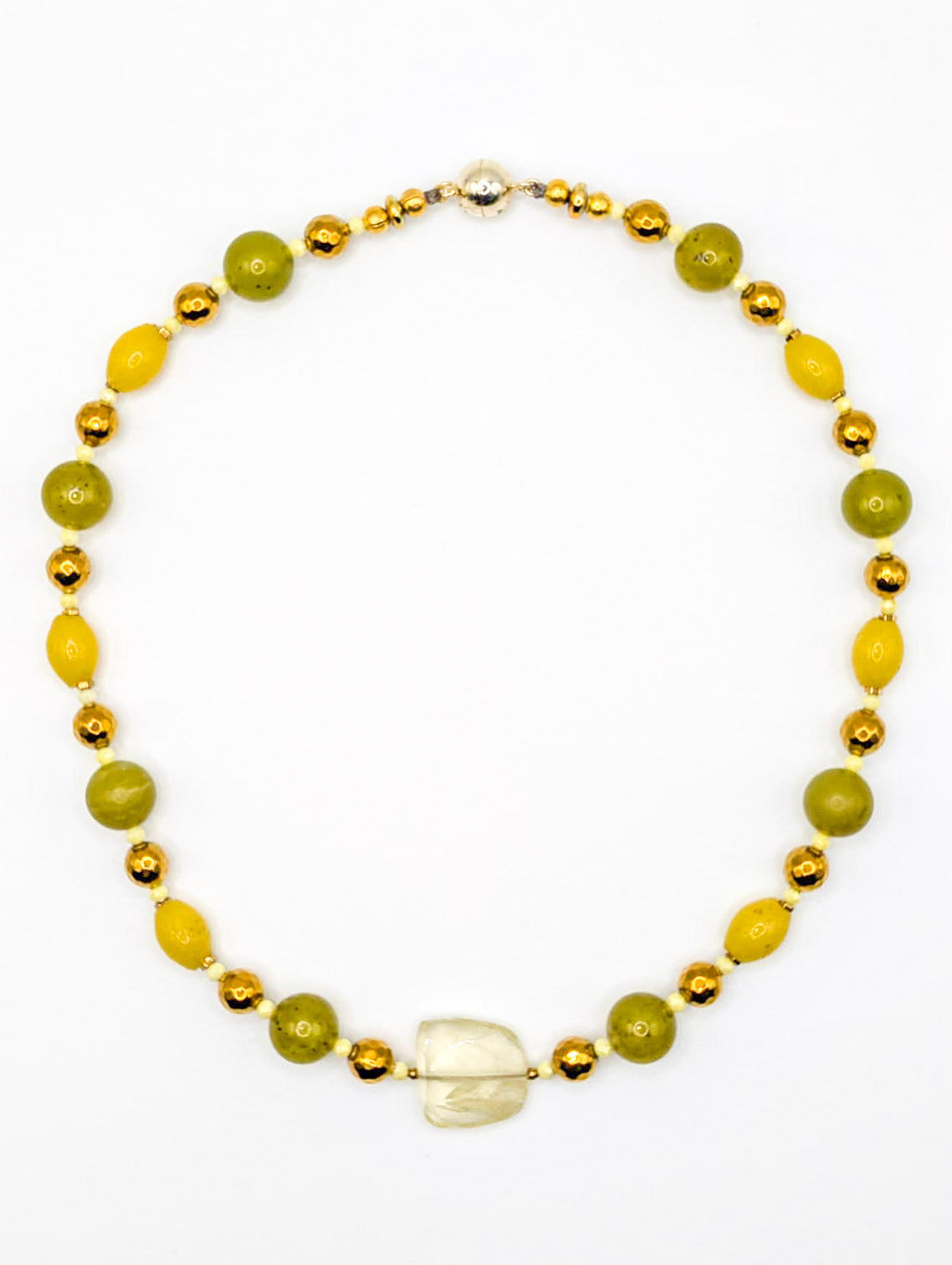 HAUTE : Pale Citrine, Golden Hematite, Cubic Zirconia, Green & Yellow Jade Necklace /H9