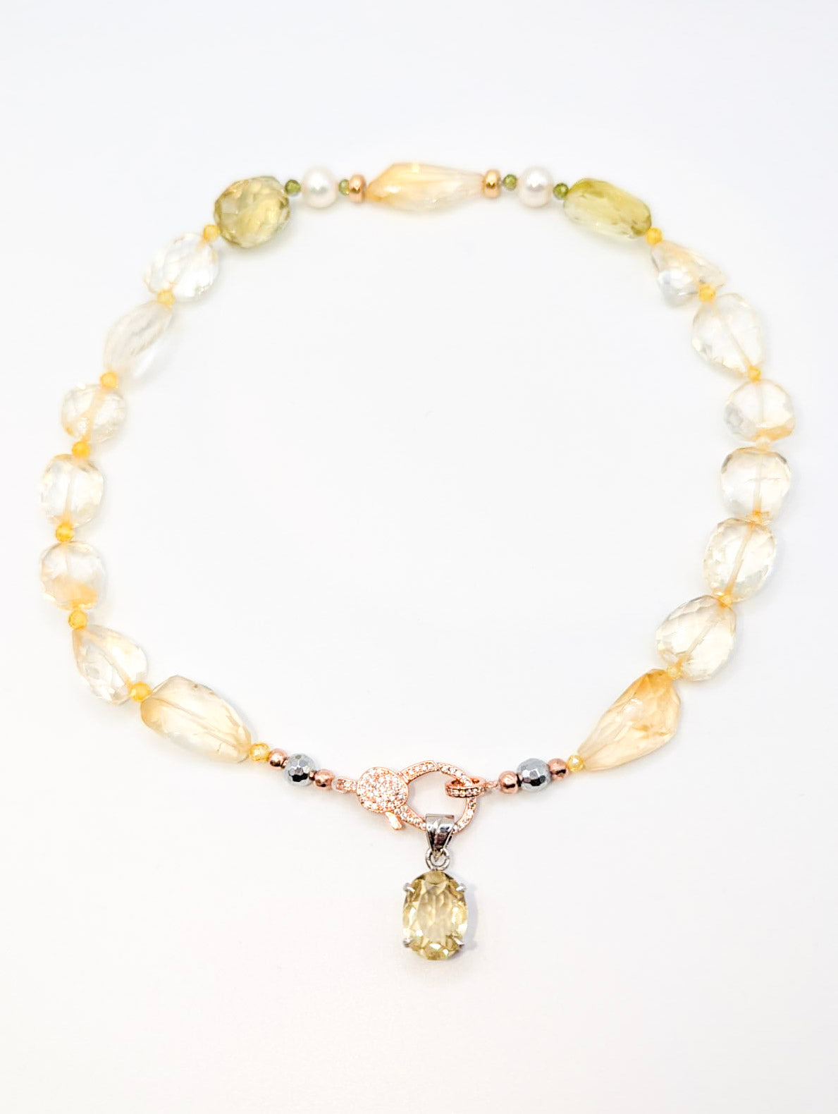 HAUTE : Pale Citrine, Lemon Quartz, Gold, Pearl & CZ Pendant Necklace /H8