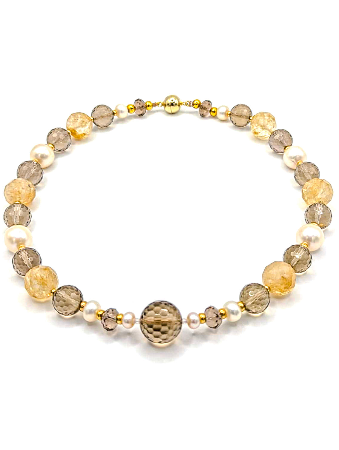 HAUTE : Smokey Quartz, Rutilated Quartz, Pearl, CZ & Solid Gold Necklace /H24