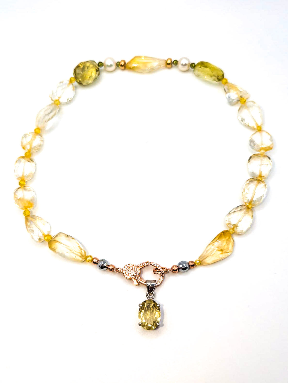 HAUTE : Pale Citrine, Lemon Quartz, Gold, Pearl & CZ Pendant Necklace /H8
