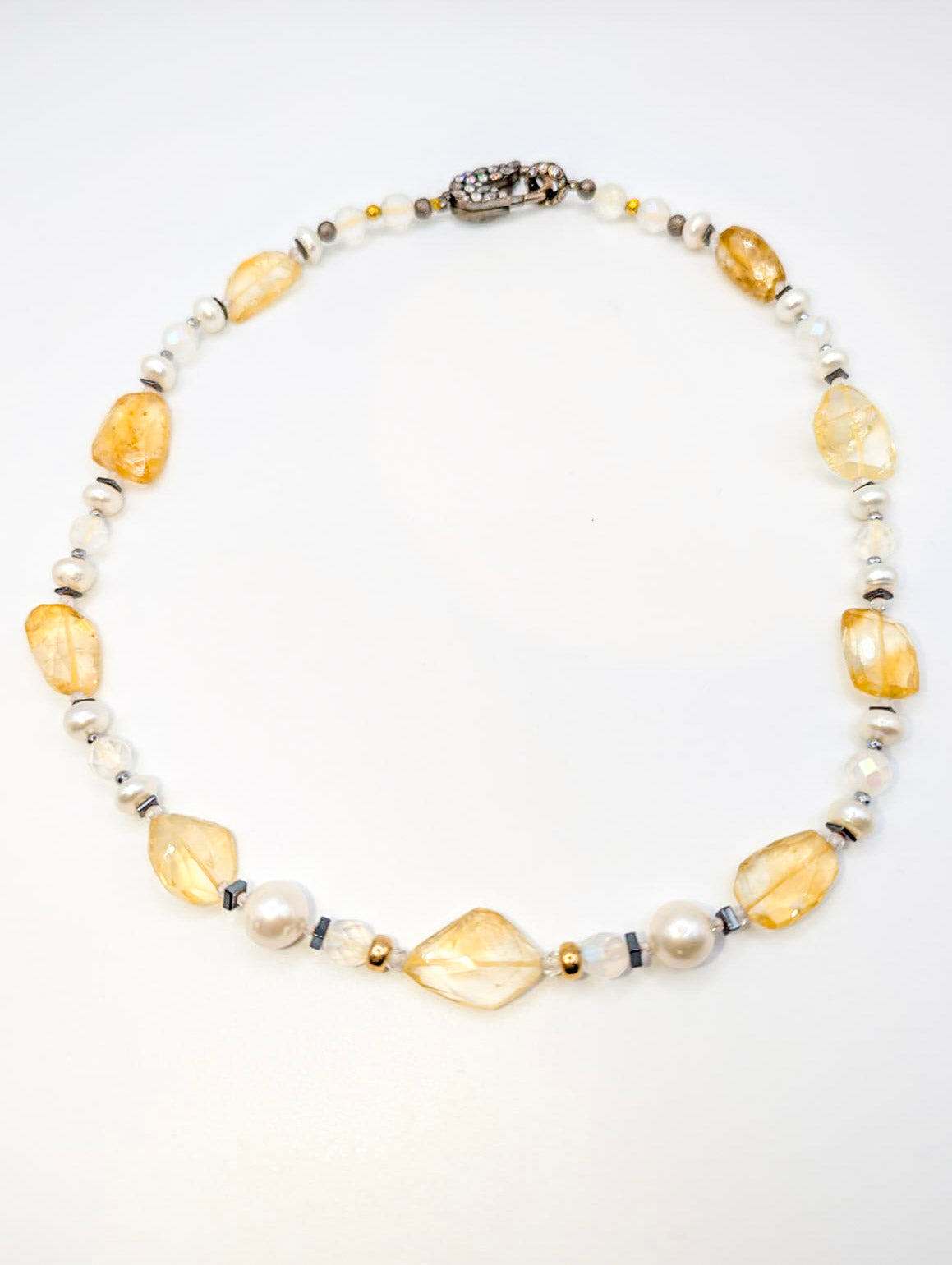 HAUTE : Art Deco - Pale Citrine, Pearl, Solid Gold, Frosted Crystal, CZ, Hematite Necklace - Short /H6AD