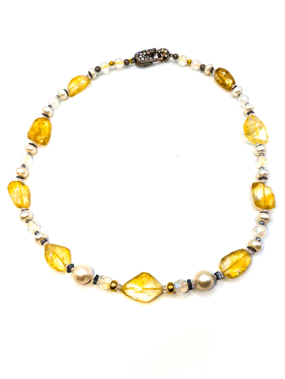 HAUTE : Art Deco - Pale Citrine, Pearl, Solid Gold, Frosted Crystal, CZ, Hematite Necklace - Short /H6AD