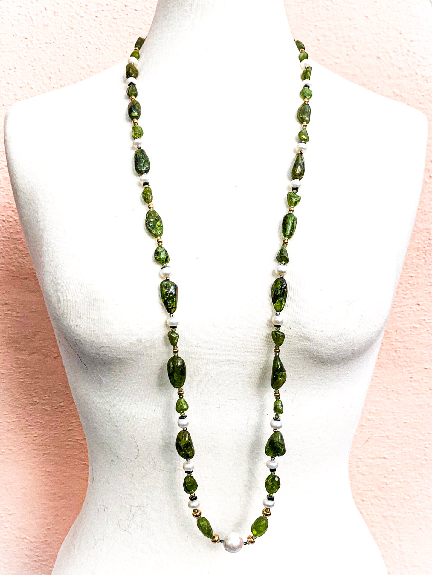HAUTE : Art Deco - Peridot, Solid Gold, Pearl, CZ, Hematite, Unikite Necklace - Long / H46AD