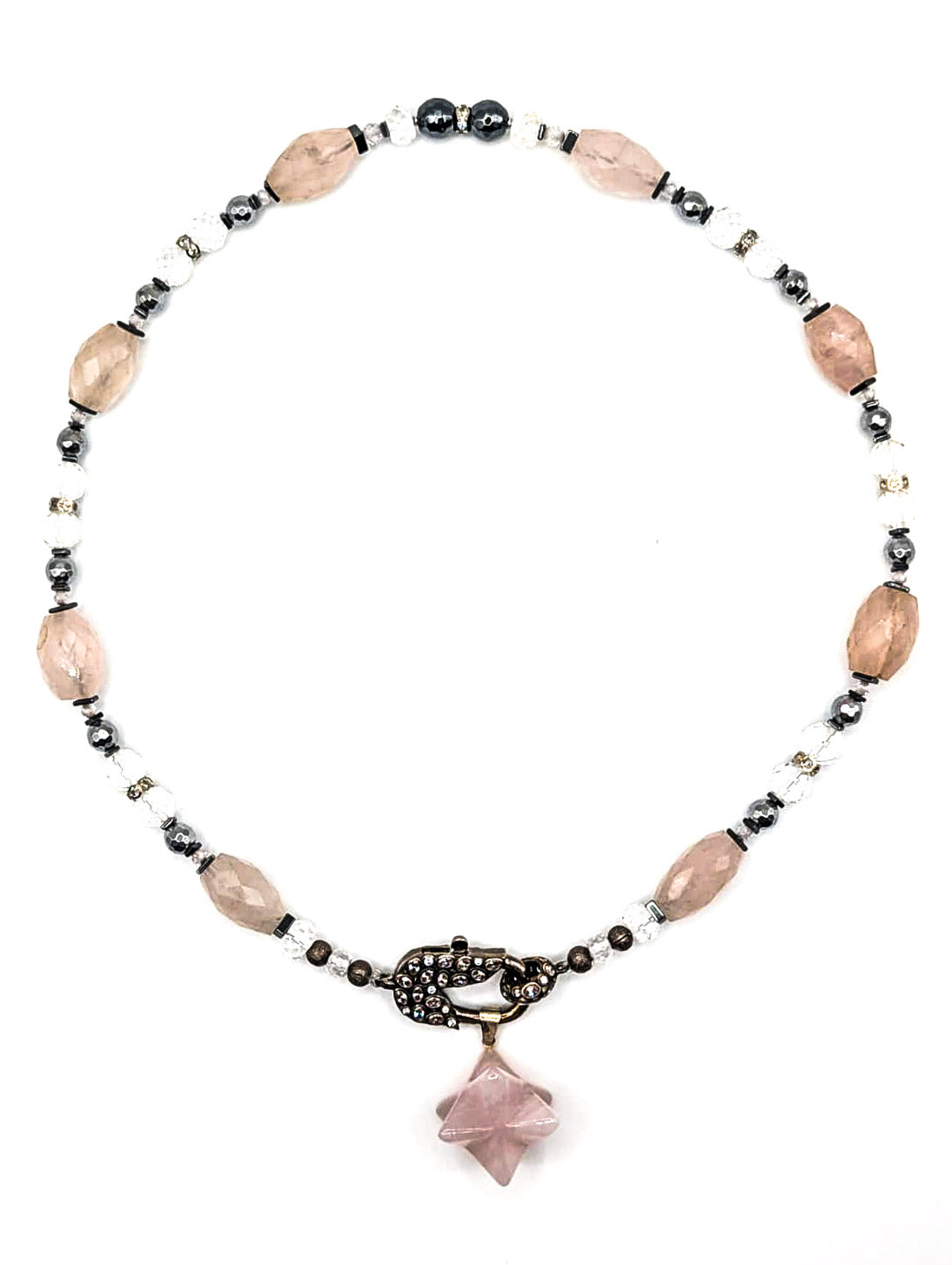 HAUTE : Art Deco - Rose Quartz, Rock Crystal, Hematite, CZ, Swarovski Crystal Necklace  w/ Limited Edition Art Deco Cubic Zirconia Clasp & optional Rose Quartz Star Pendant /H51AD*