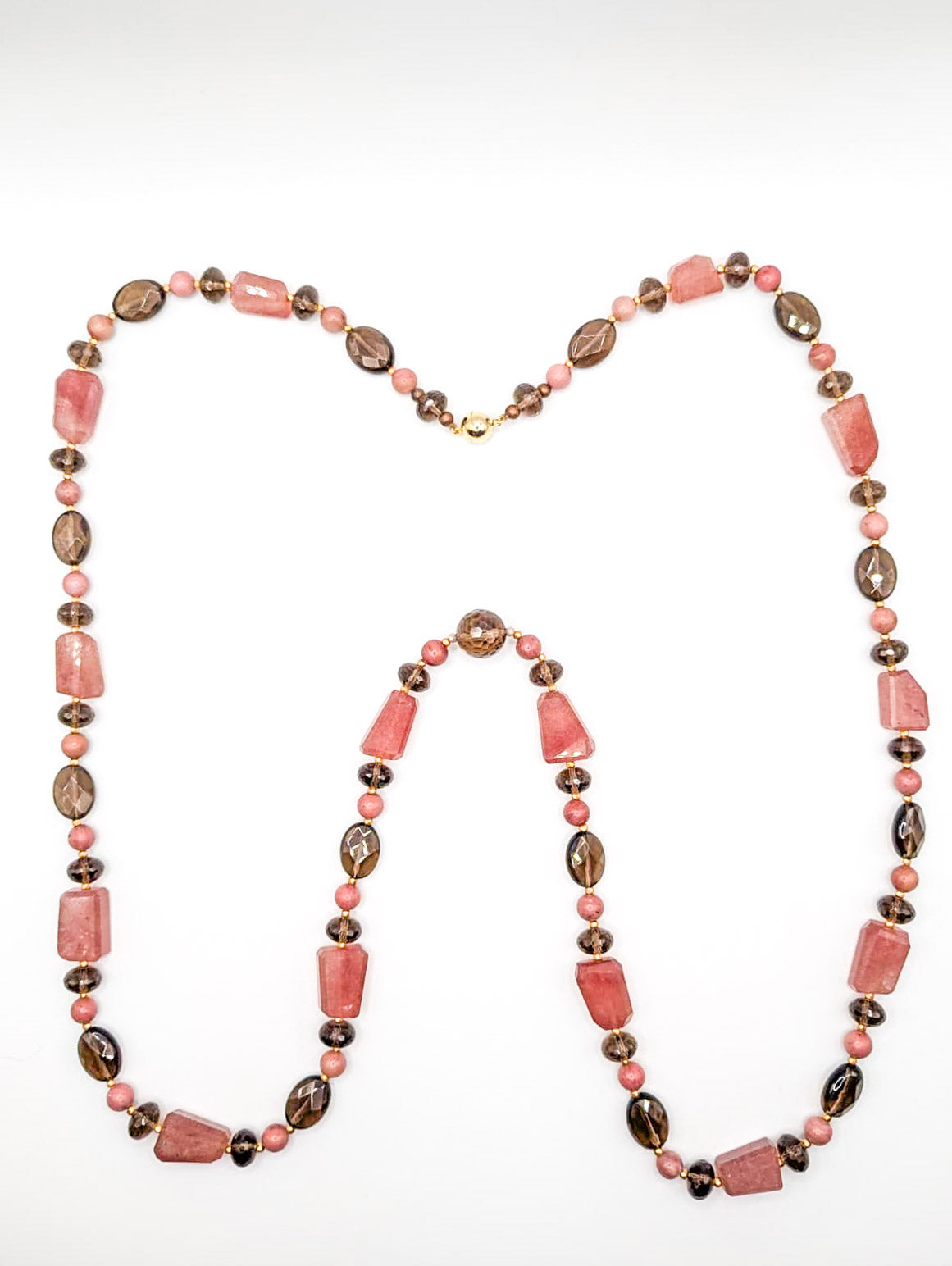 HAUTE : Strawberry Quartz, Smokey Quartz, CZ & Matt Gold Glass Necklace / H27
