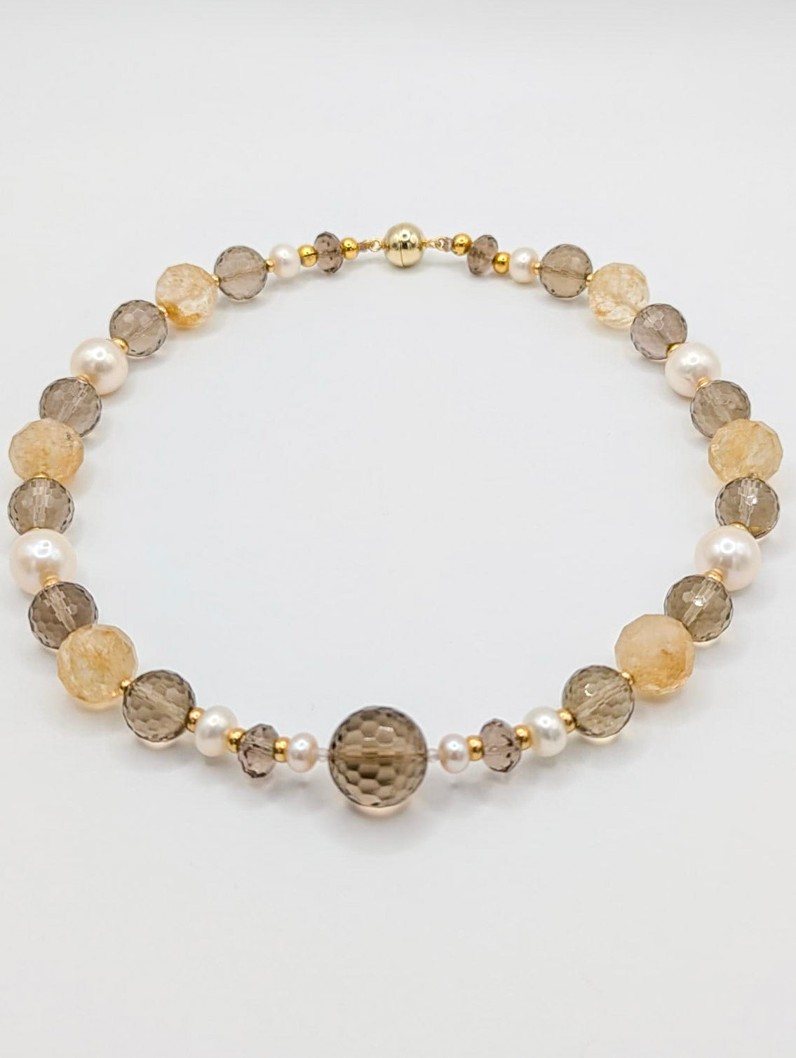 HAUTE : Smokey Quartz, Rutilated Quartz, Pearl, CZ & Solid Gold Necklace /H24