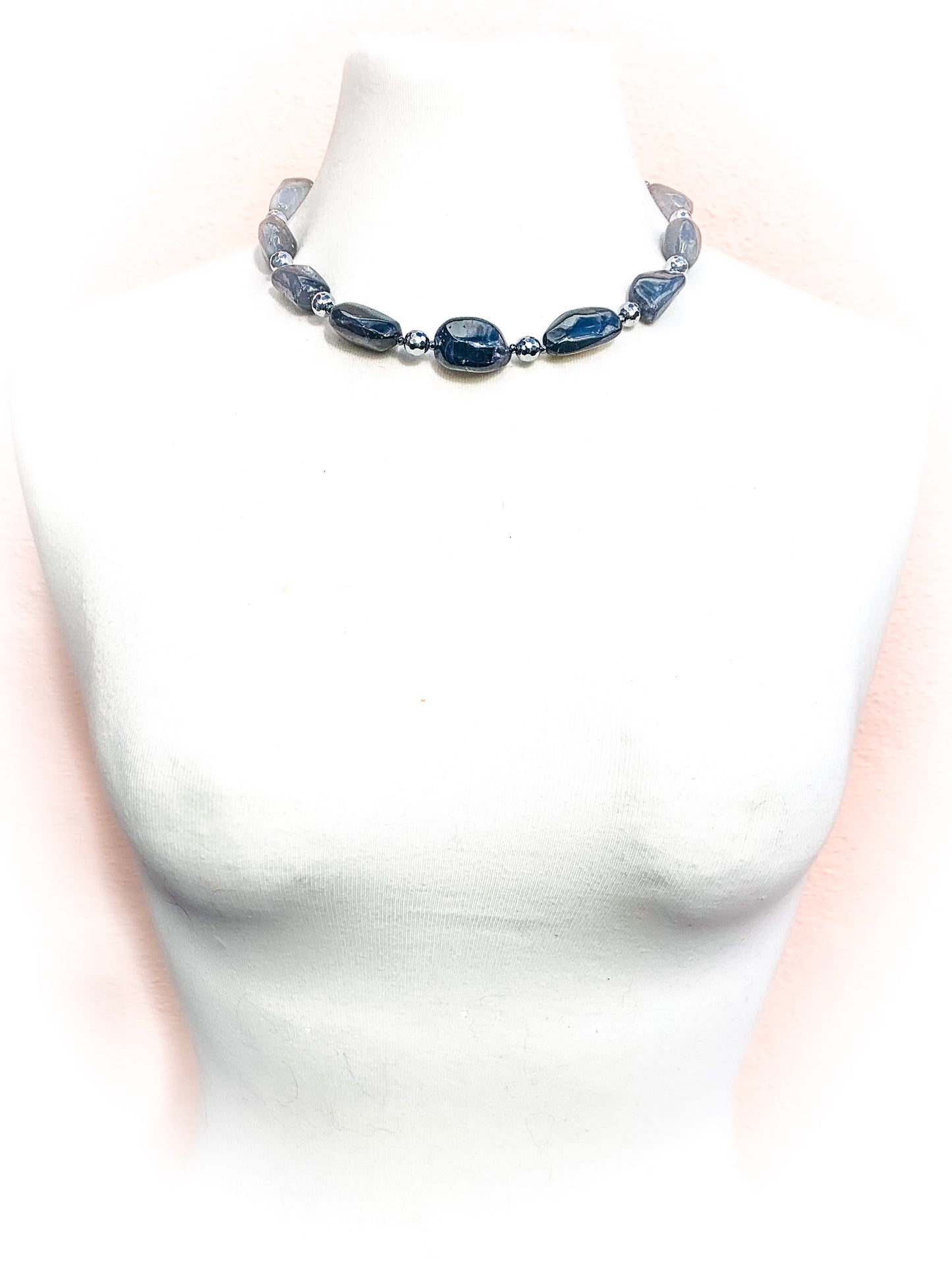 HAUTE : Art Deco - Kyanite, Pearl, Hematite, CZ, Coral Necklace - Short /H29AD