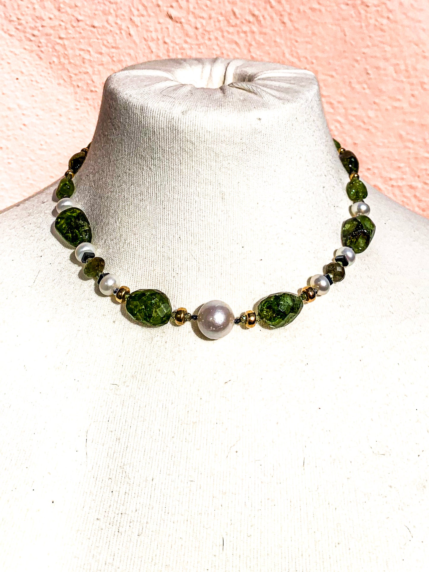HAUTE - Art Deco - Peridot, Watermelon Tourmaline, Unikite, CZ, Hematite Necklace - Short / H45AD