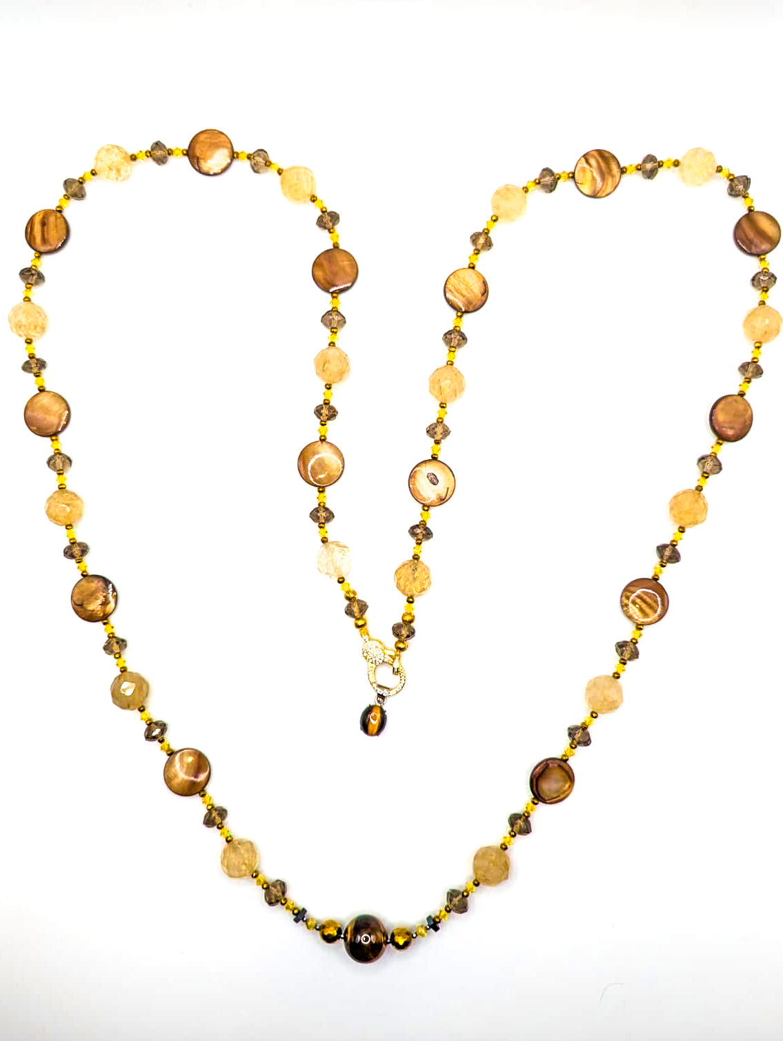 HAUTE : Smokey Quartz, Rutilated Quartz, Tigers Eye, Hematite, Swarovski Crystal & CZ, Mother of Pearl Necklace /H14