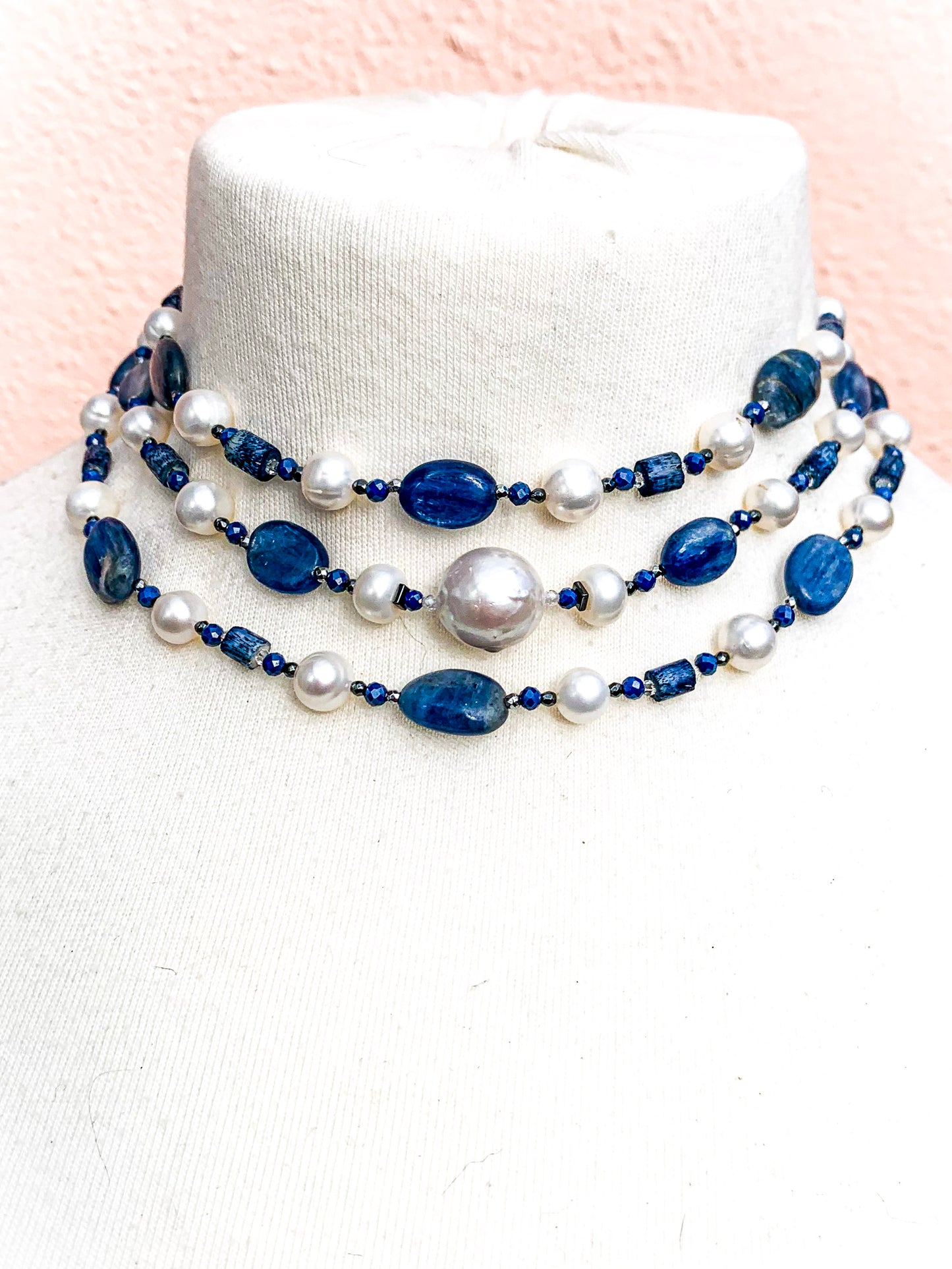 HAUTE : Art Deco - Kyanite, Pearl, Hematite, CZ, Coral Necklace - Long / H31AD