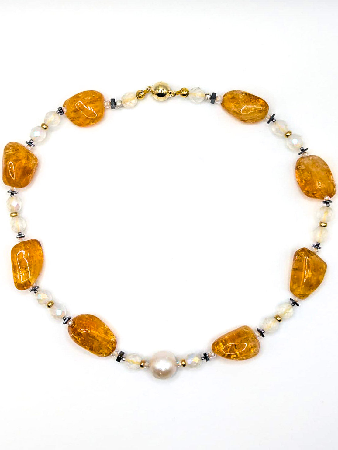 Haute : Art Deco - Citrine, Pearl, Solid Gold, CZ, Hematite, Frosted Crystal Necklace - Short /H4AD