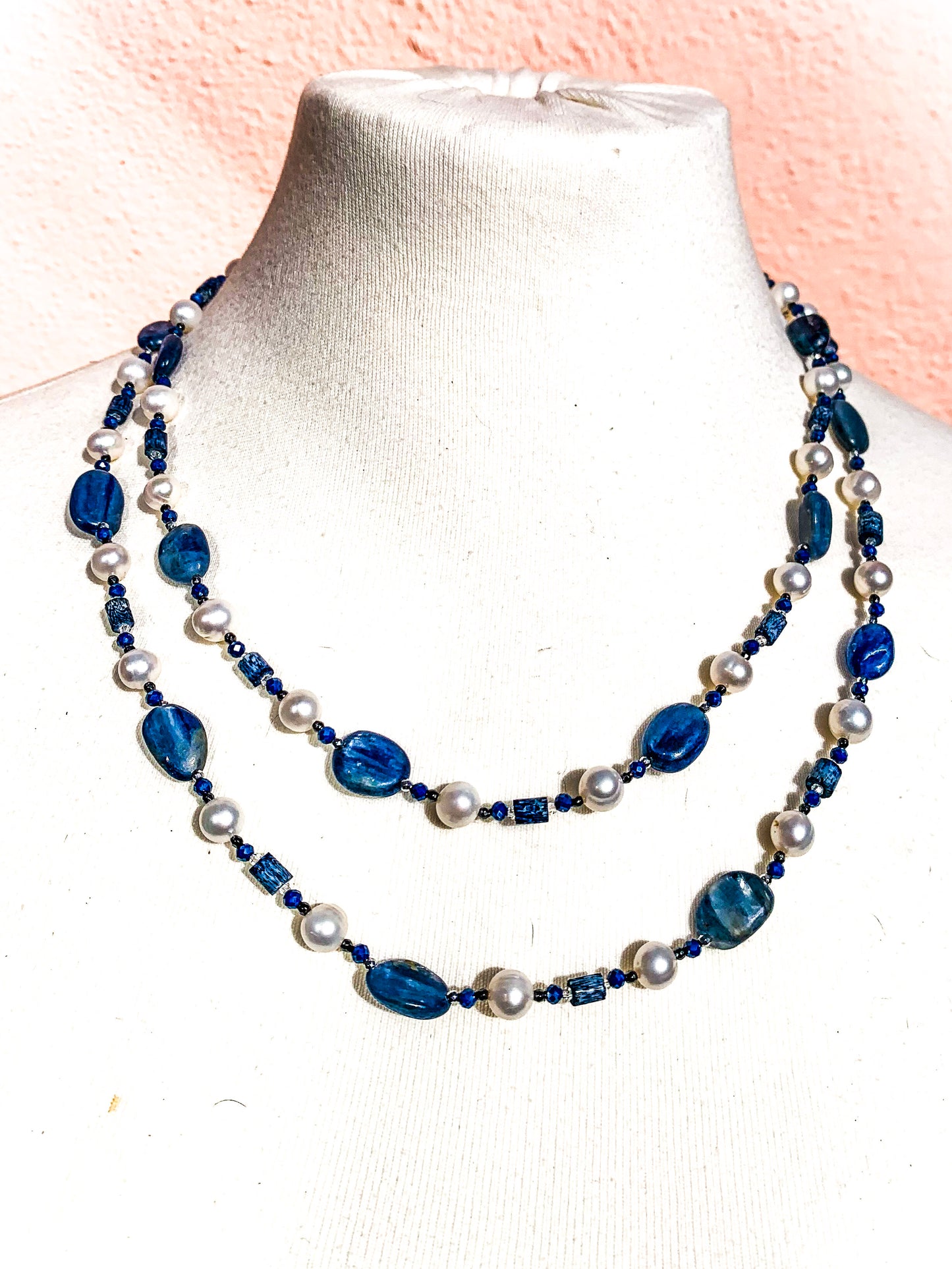 HAUTE : Art Deco - Kyanite, Pearl, Hematite, CZ, Coral Necklace - Long / H31AD