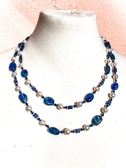 HAUTE : Art Deco - Kyanite, Pearl, Hematite, CZ, Coral Necklace - Long / H31AD