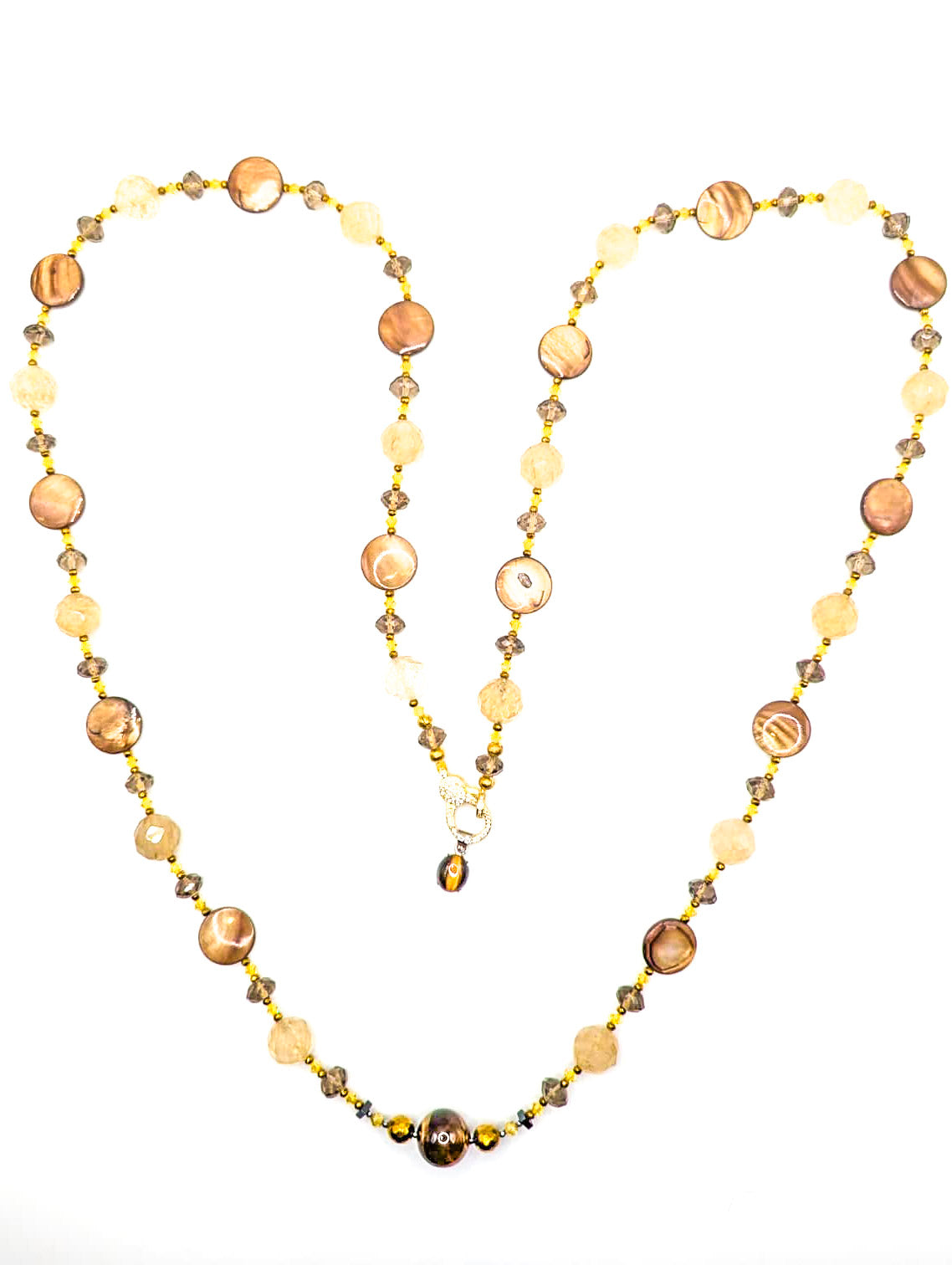 HAUTE : Smokey Quartz, Rutilated Quartz, Tigers Eye, Hematite, Swarovski Crystal & CZ, Mother of Pearl Necklace /H14