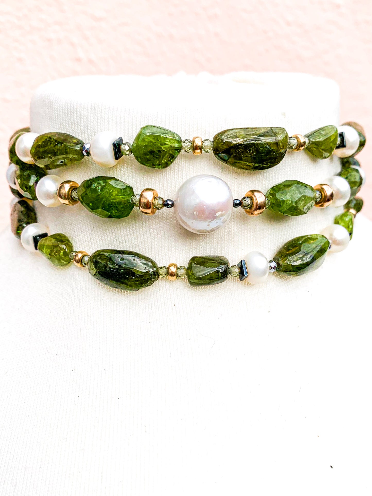 HAUTE : Art Deco - Peridot, Solid Gold, Pearl, CZ, Hematite, Unikite Necklace - Long / H46AD