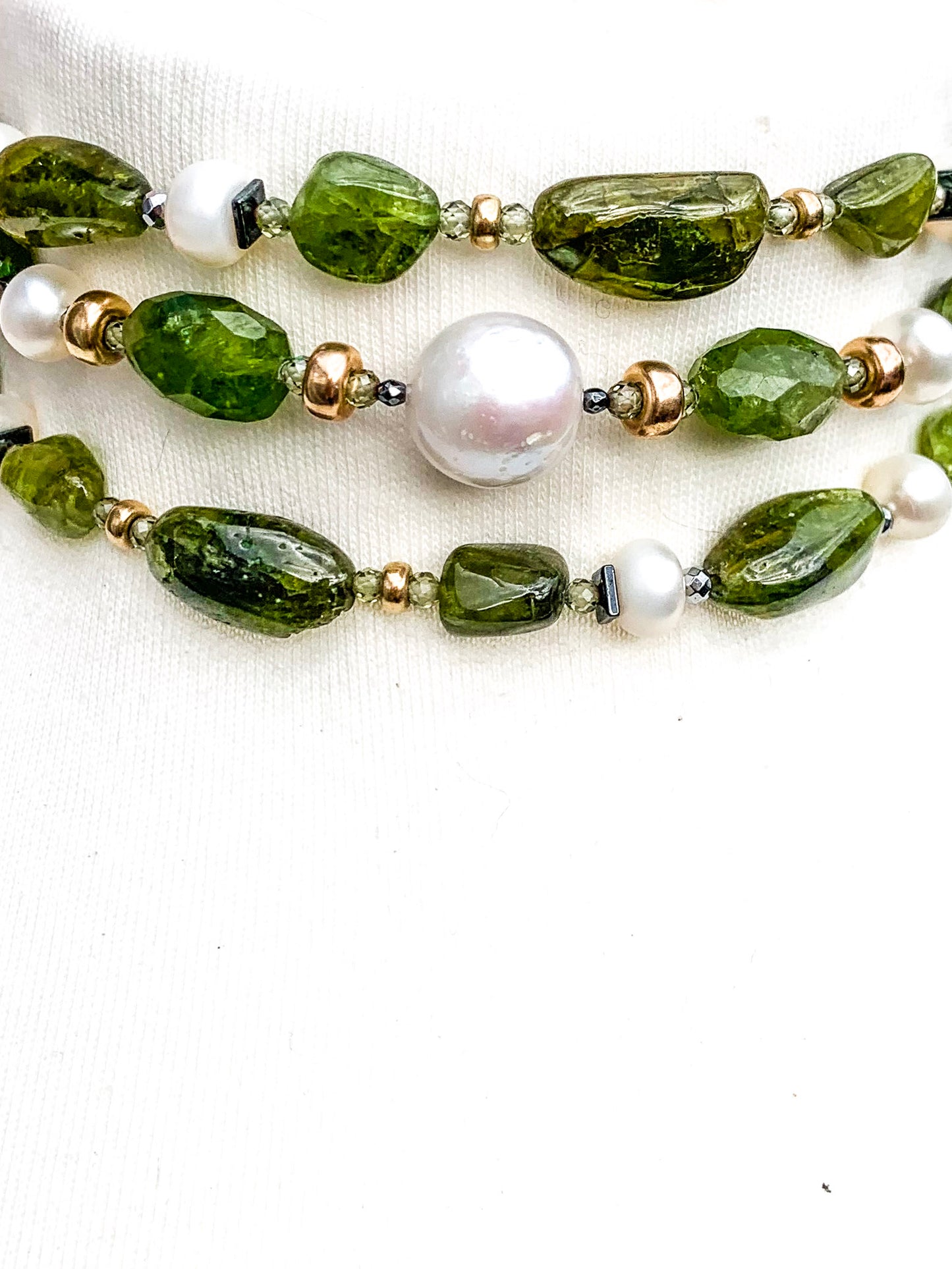 HAUTE : Art Deco - Peridot, Solid Gold, Pearl, CZ, Hematite, Unikite Necklace - Long / H46AD