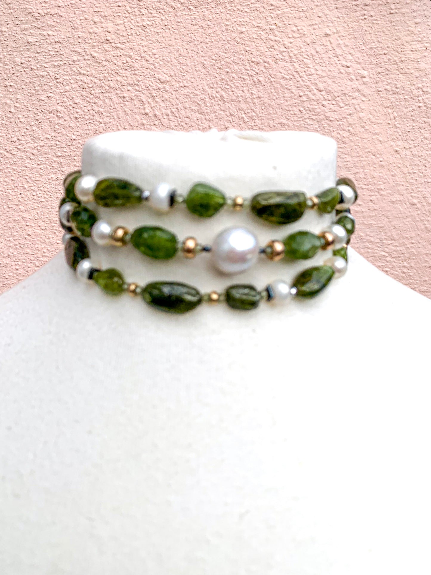 HAUTE : Art Deco - Peridot, Solid Gold, Pearl, CZ, Hematite, Unikite Necklace - Long / H46AD