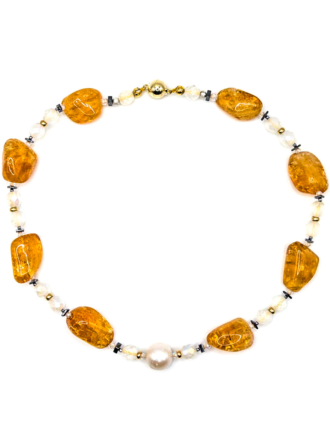 Haute : Art Deco - Citrine, Pearl, Solid Gold, CZ, Hematite, Frosted Crystal Necklace - Short /H4AD