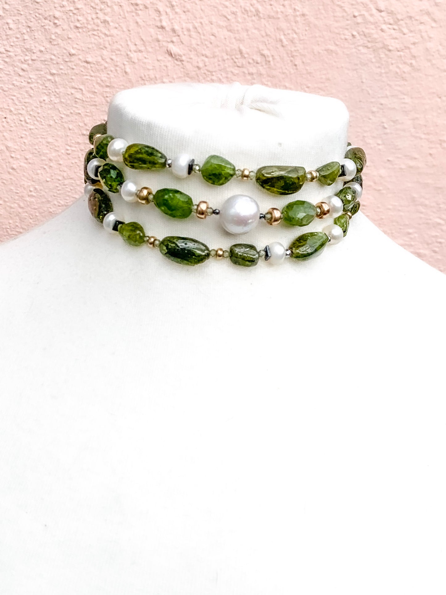 HAUTE : Art Deco - Peridot, Solid Gold, Pearl, CZ, Hematite, Unikite Necklace - Long / H46AD