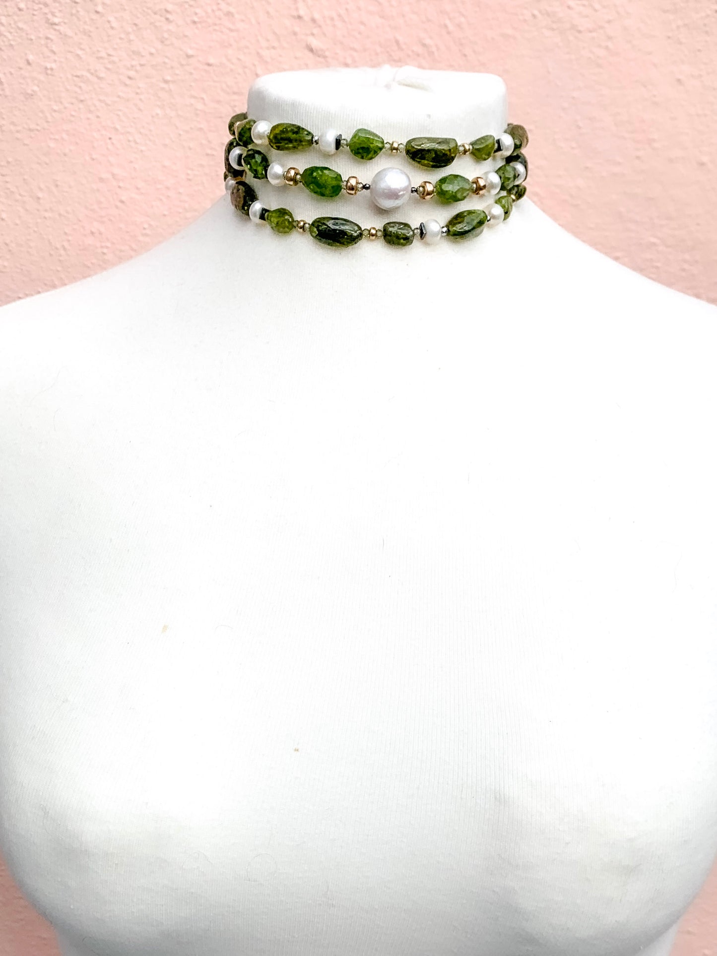 HAUTE : Art Deco - Peridot, Solid Gold, Pearl, CZ, Hematite, Unikite Necklace - Long / H46AD