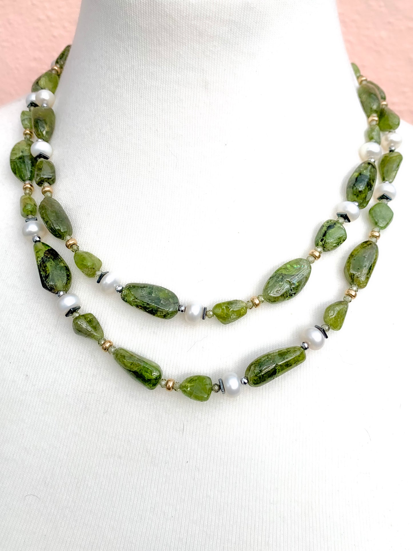 HAUTE : Art Deco - Peridot, Solid Gold, Pearl, CZ, Hematite, Unikite Necklace - Long / H46AD