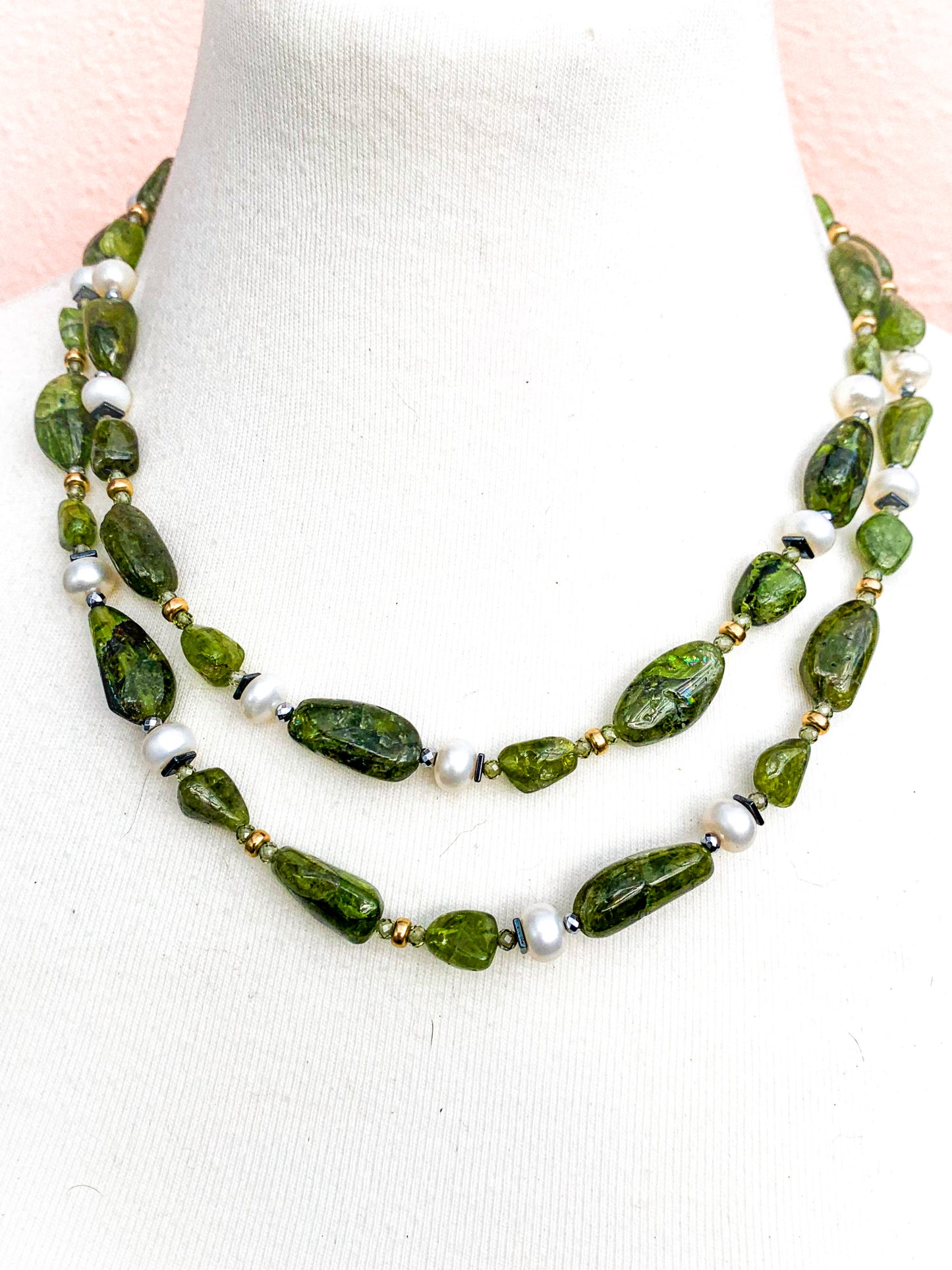 HAUTE : Art Deco - Peridot, Solid Gold, Pearl, CZ, Hematite, Unikite Necklace - Long / H46AD