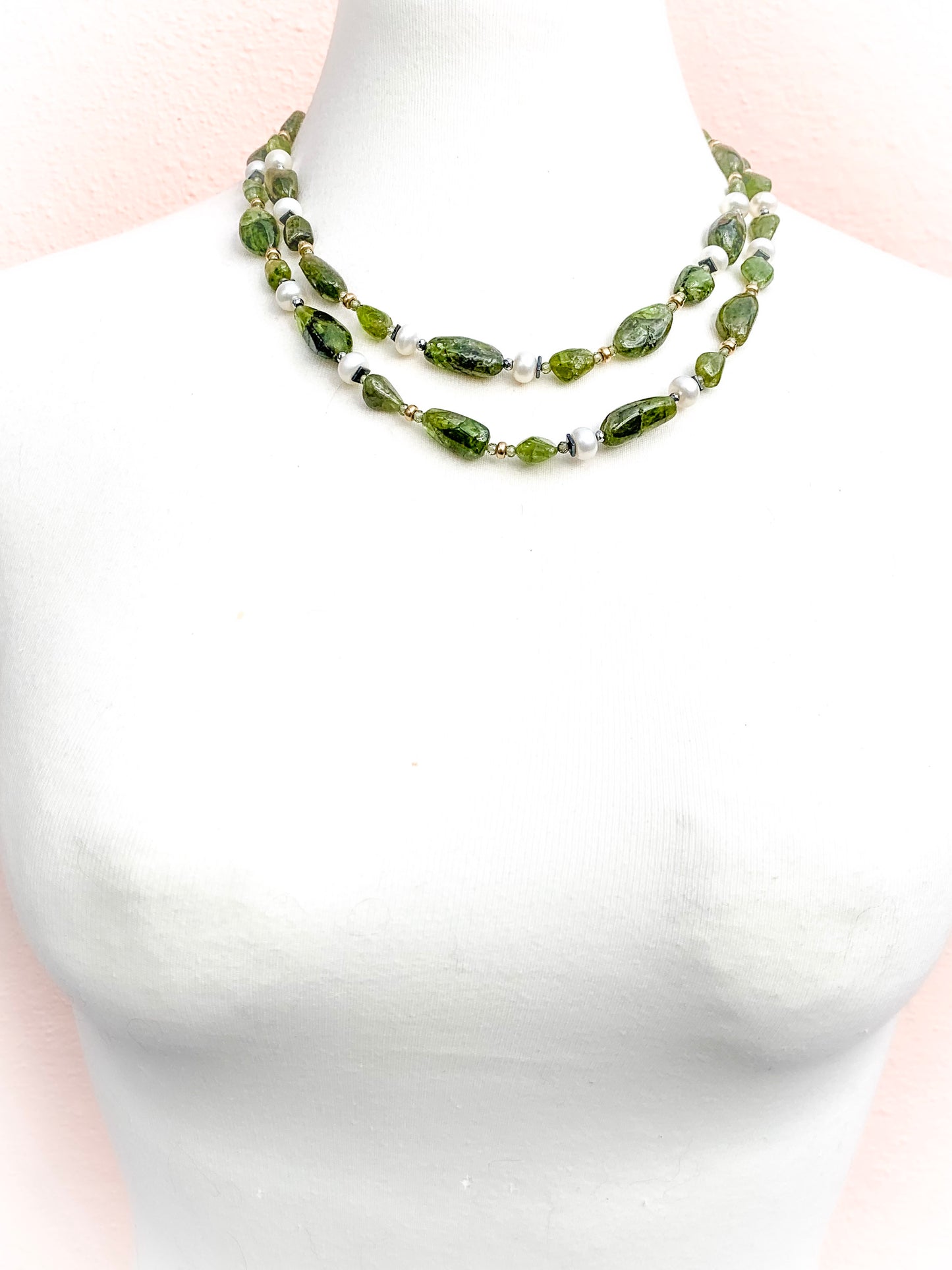 HAUTE : Art Deco - Peridot, Solid Gold, Pearl, CZ, Hematite, Unikite Necklace - Long / H46AD
