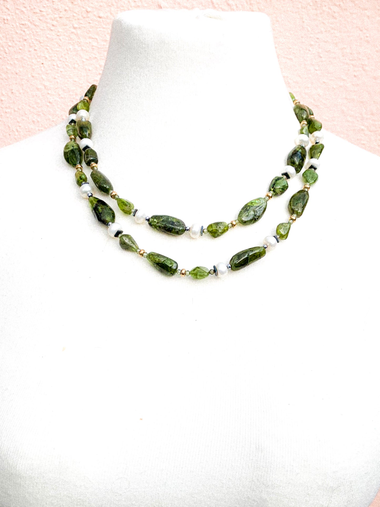 HAUTE : Art Deco - Peridot, Solid Gold, Pearl, CZ, Hematite, Unikite Necklace - Long / H46AD
