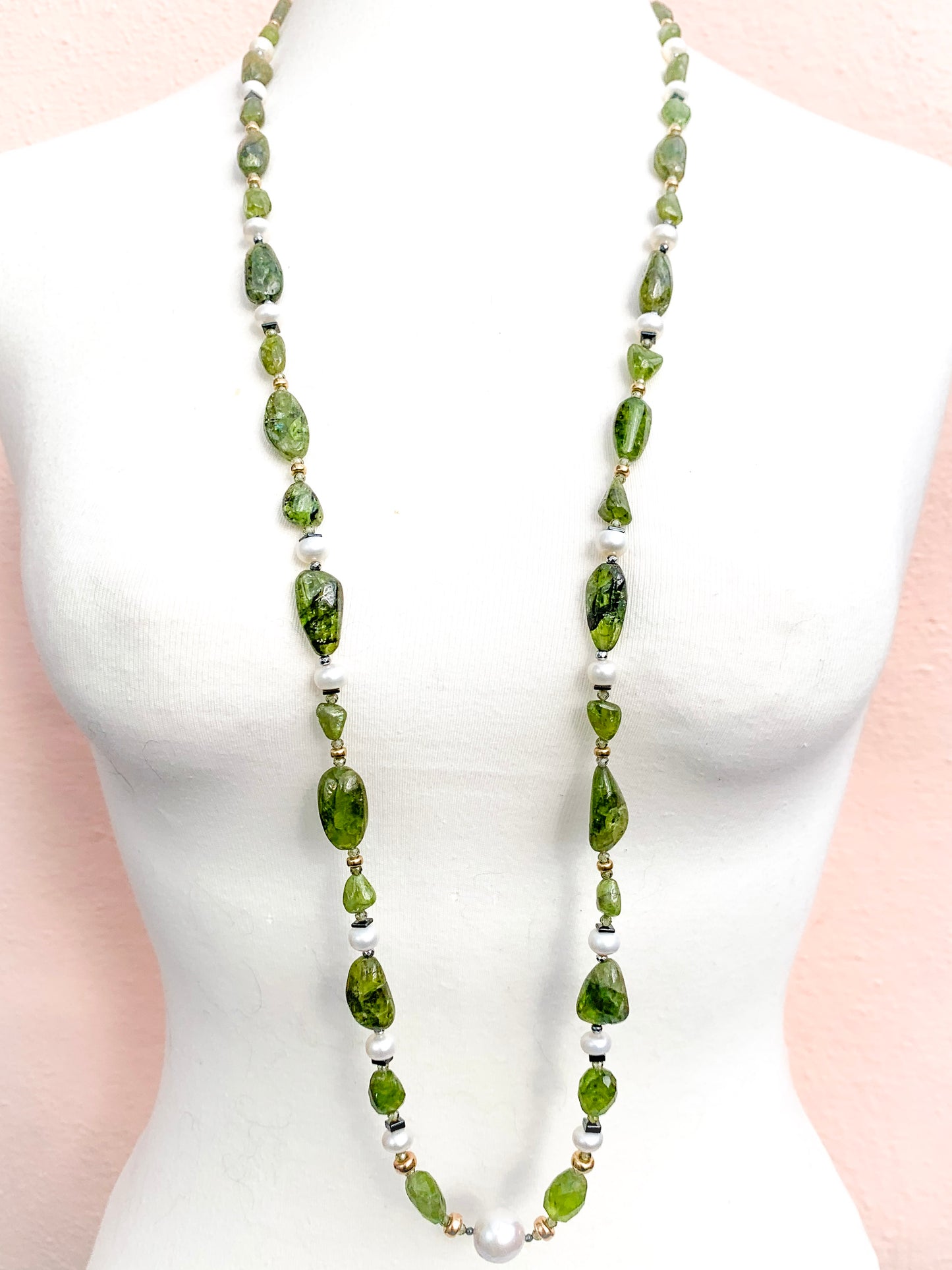HAUTE : Art Deco - Peridot, Solid Gold, Pearl, CZ, Hematite, Unikite Necklace - Long / H46AD