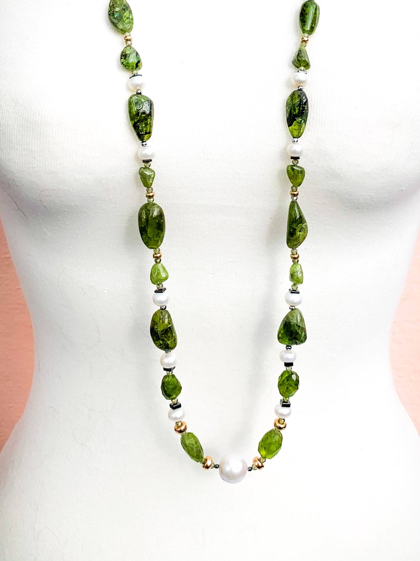 HAUTE : Art Deco - Peridot, Solid Gold, Pearl, CZ, Hematite, Unikite Necklace - Long / H46AD