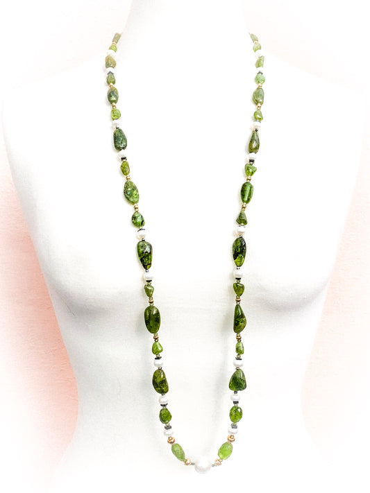 HAUTE : Art Deco - Peridot, Solid Gold, Pearl, CZ, Hematite, Unikite Necklace - Long / H46AD