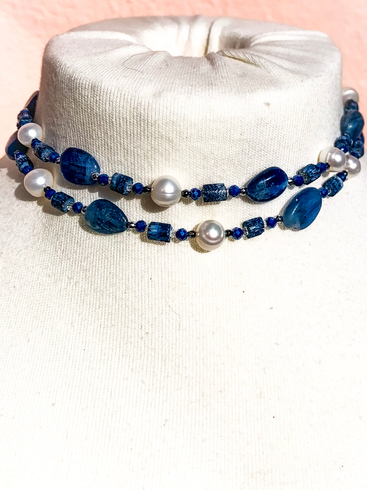 HAUTE : Art Deco - Kyanite, Pearl, Hematite, CZ & Coral Necklace - Medium / H30AD