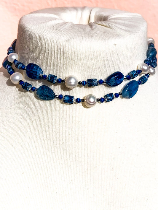 HAUTE : Art Deco - Kyanite, Pearl, Hematite, CZ & Coral Necklace - Medium / H30AD