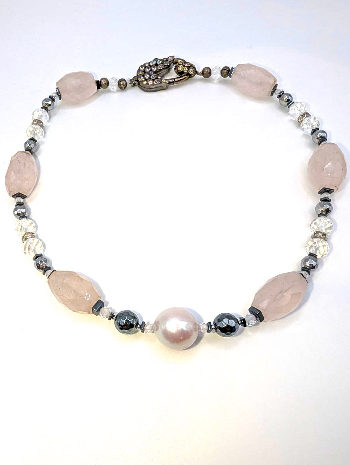 HAUTE : Art Deco - Rose Quartz, Rock Crystal, CZ, Hematite, Swarovski Crystal Necklace w/ Limited Edition CZ Clasp /H50AD*