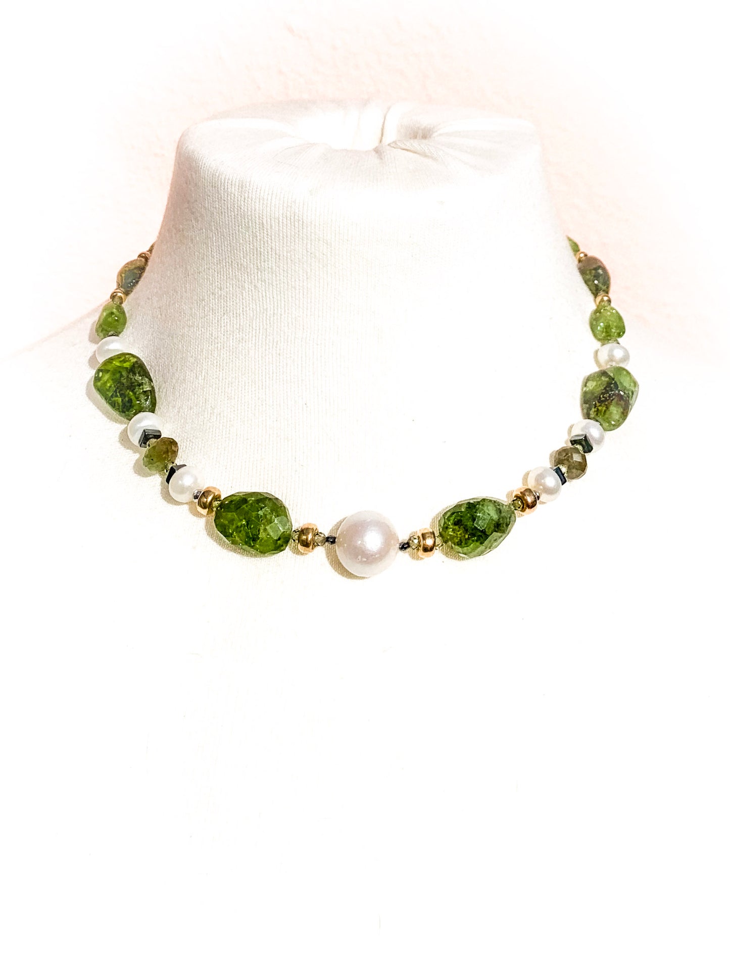 HAUTE - Art Deco - Peridot, Watermelon Tourmaline, Unikite, CZ, Hematite Necklace - Short / H45AD