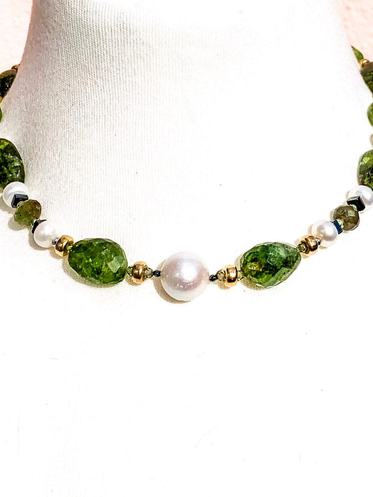 HAUTE - Art Deco - Peridot, Watermelon Tourmaline, Unikite, CZ, Hematite Necklace - Short / H45AD