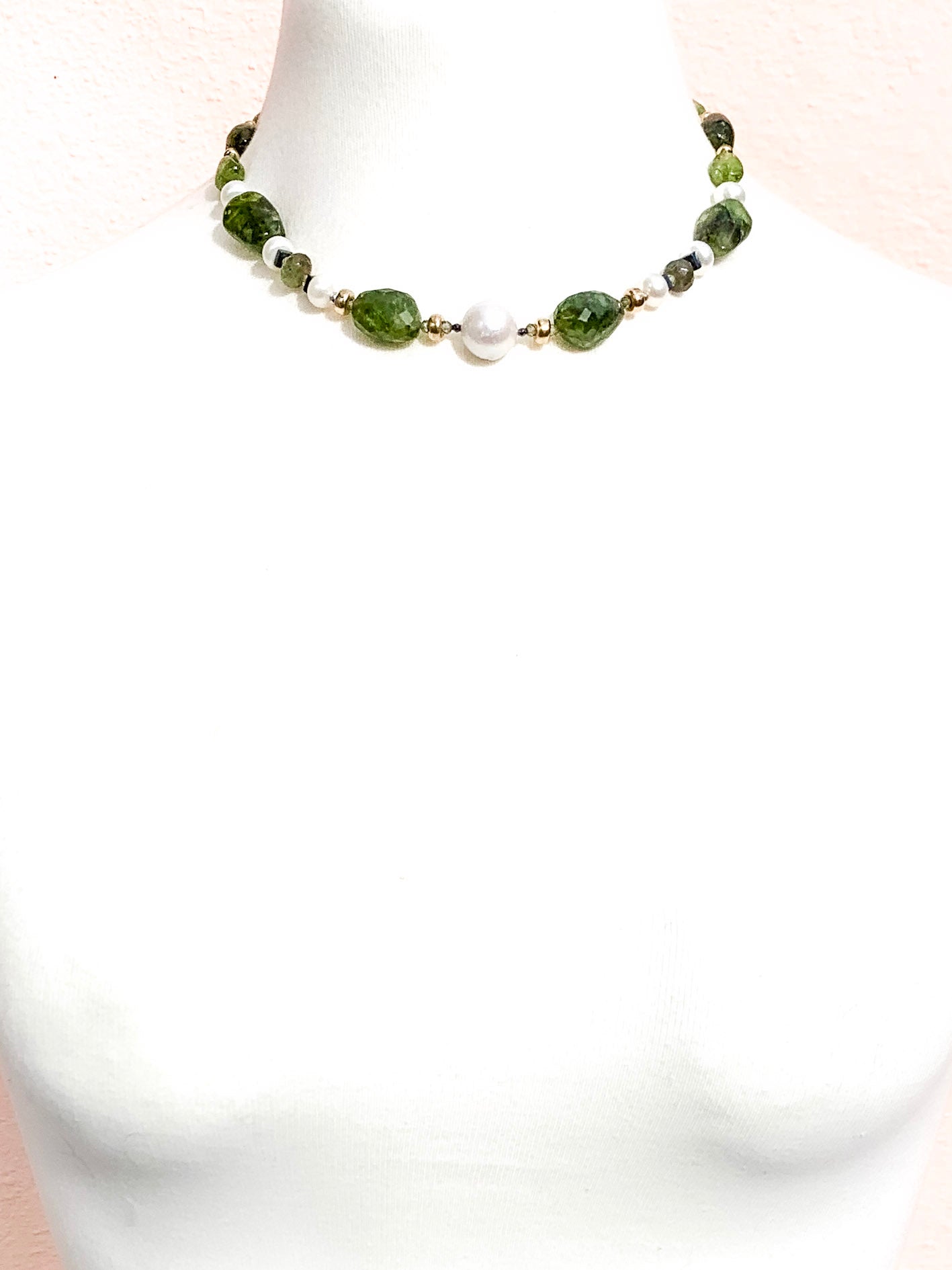 HAUTE - Art Deco - Peridot, Watermelon Tourmaline, Unikite, CZ, Hematite Necklace - Short / H45AD